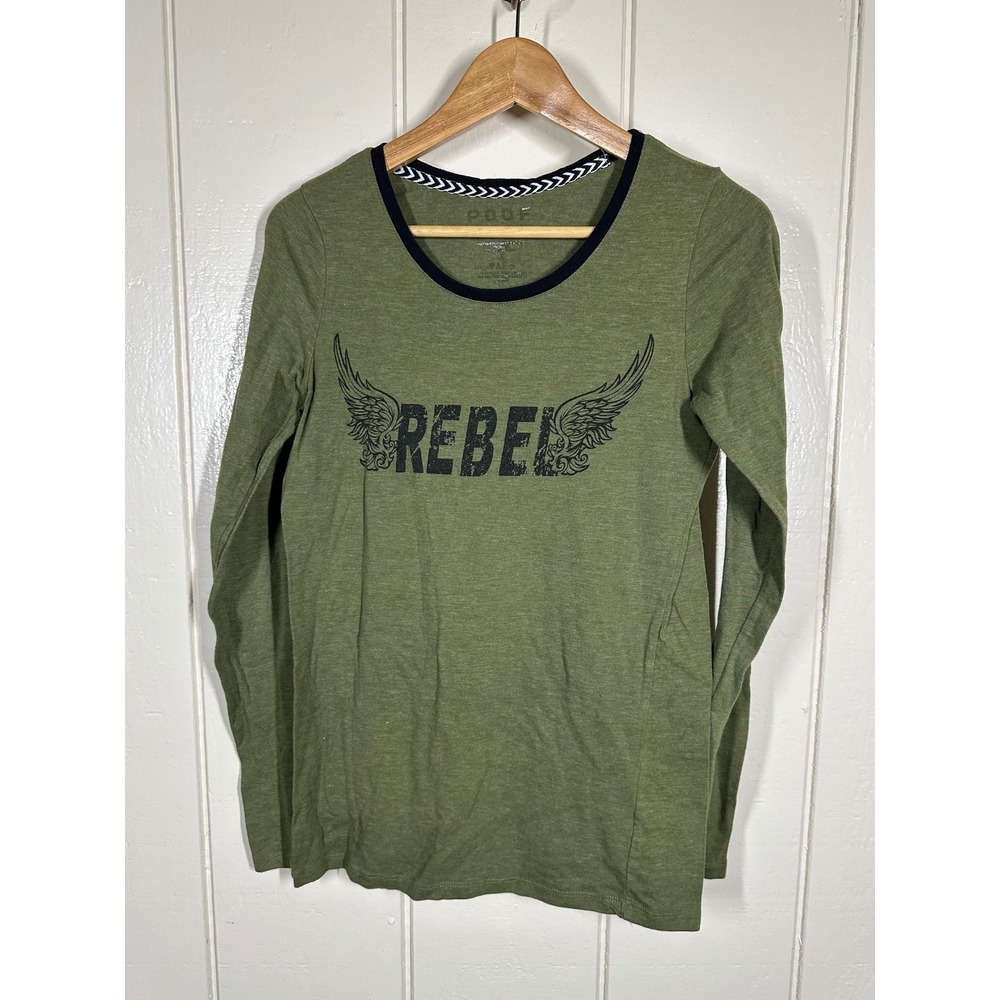 Poof Long Sleeve Tee Women S Green Rebel Wing Graphic Scoop Neck Top 7520